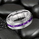 Purple Crystal Stone Inlay Brushed Finish Silver Finish 6/8MM Tungsten Rings