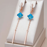 Luxury 14K  Rolled Gold Blue AAA Zircon Diamonds Long Tassel Dangle Earrings