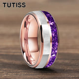 Purple Crystal Stone and White Seashell Inlay 6/8mm Gold Tungsten Carbide Rings