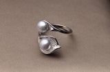Unique Leaf Design White Pink Purple Black Grey Real Double Pearl Silver Rings