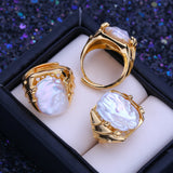 Elegant Natural Freshwater12-16mm Big Baroque Pearl Silver Gold Colour Ring