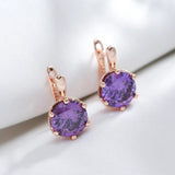 Luxury Amazing Six Claw Round Cut Purple 14K Rolled Rose Gold AAA Zircon Crystals Drop Earrings - Fashion Jewellery