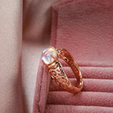 Hot Trend Moonstone Rolled 14K Rose Gold Hollow Flower Ethnic Rings For Women Vintage Daily Fine Jewellery