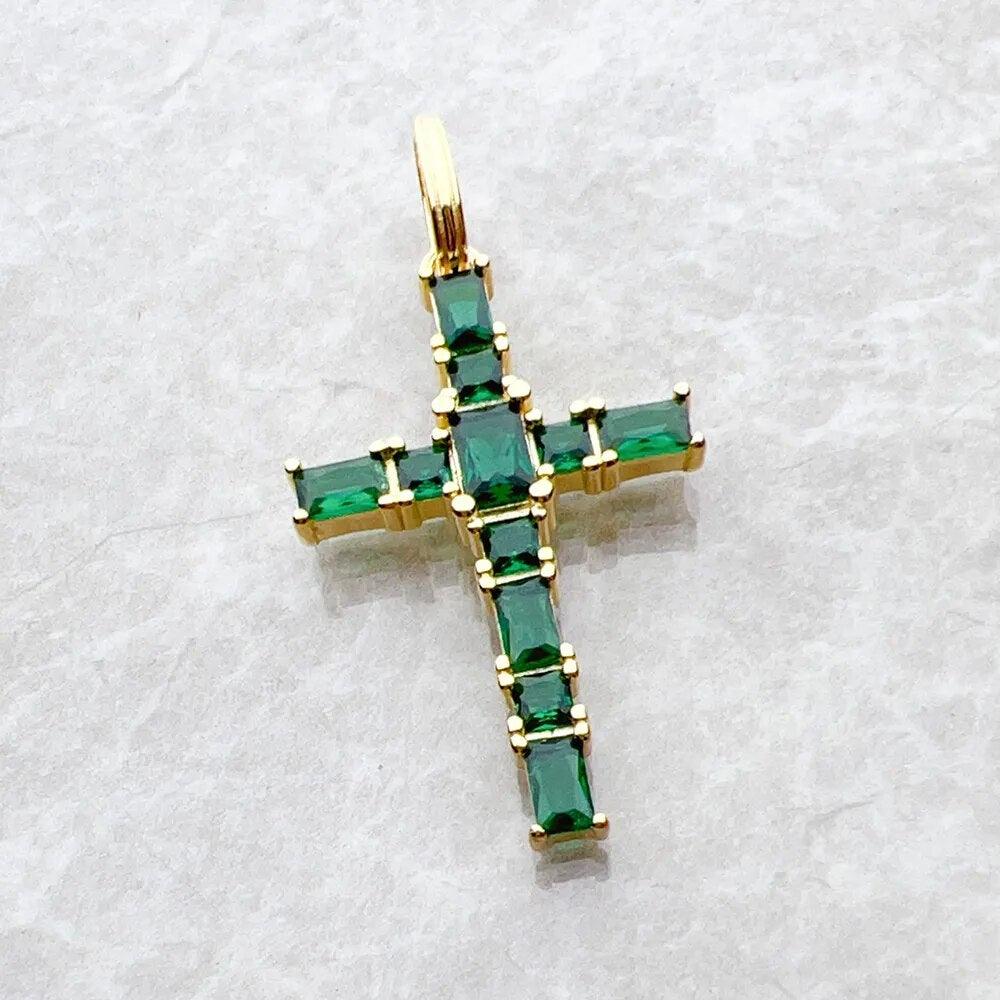 Brand New Gold Plated Cross Green AAA CZ Crystals Pendant 925 Sterling Silver Stylish Fine Jewellery Gift For Woman - The Jewellery Supermarket