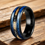 Polishing Dome Blue Glass Stone Meteorite Gold Foil Inlay 6mm 8mm Tungsten Rings