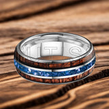 Blue Crystal Stone Inlaid Hawaiian Koa Wood 6/8mm Tungsten Carbide Rings