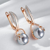 14 Karat Rolled Gold Grey Pearl AAA Zircon Diamonds Women's Long Drop Luxury Earrings
