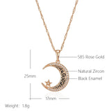 Unique 14K Filled Rose Gold Black Enamel Moon And Star Trendy Pendant Necklace n With Shiny AAA CZ Crystals.