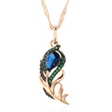 14K Rolled Gold Leaf Design Blue Black AAA Zircon Crystals Vintage Pendant Necklace
