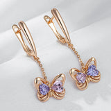 14 Karat Gold Filled Pink Purple AAA Zircon Diamonds Butterfly Shape Long Drop Earrings
