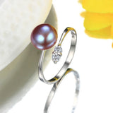 8-9mm Round Freshwater Cultured Pearl Crystal AAA Zircon Diamonds Silver Rings