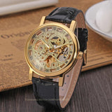 Famous Brand Transparent Luxury Gold Case Casual Design Brown Leather Strap Mechanical Skeleton Watches