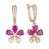 14K Rolled Gold Red AAA Zircon Crystals Flower Design Fashion Drop Earrings for Women