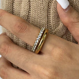 18K Gold Plated Minimalism Glossy Shine Stainless Steel White Cubic Zirconia Inlaid Double Layer Ring