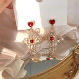 Vintage Red Heart Crystal Christian Earrings for Women - Cross Pendant Rhinestone Dangle Jewellery - The Jewellery Supermarket