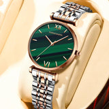 Elegant Fashion Green Malachite Dial Casual Ladies Watches - Stainless Steel Strap Waterproof Quartz Wristwatches