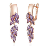 Luxury 14K Rolled Rose Gold Purple AAA Zircon Crystals Leaf-Shaped Dangle Earrings For Women - Fashion Jewellery