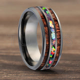 Inlaid Hawaiian Koa Wood Crushed Fire Opal 6/8mm Black Tungsten Carbide Rings