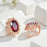 14K Rolled Gold Big Oval Red AAA Zircon Crsytals Flower Vintage Stud Earrings For Women