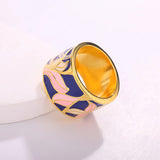 New Enamel Handmade 18KGP Hand Painted Pink Blue Floral Wide Ring