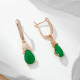 Luxury Elegant 14K Rolled Rose Gold Retro Green AAA Zircon Crystals Drop Earrings For Women - Fine Jewellery