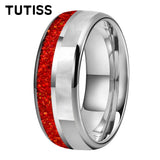 Dome Double Groove Inlaid With Red opal And Mother Of Pearl Shell 6/8mm Tungsten Rings
