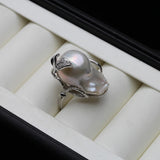 Real Freshwater Natural Baroque Large Pearl AAA Zircon Diamonds Silver Ring