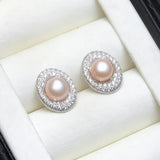 Freshwater Real Multicolour Pearls AAA Zircon Diamonds Halo Stud Silver Earrings