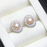 Freshwater Real Multicolour Pearls AAA Zircon Diamonds Halo Stud Silver Earrings