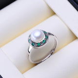 Bohemian Natural Freshwater Pearl Green AAA Zircons Crystals Silver Rings