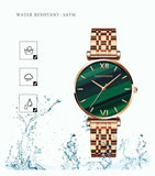 New Elegant Ladies Watch with Quartz Movement Green Peacock Stone Dial  Casual Leather Rose Plated Gold Watches