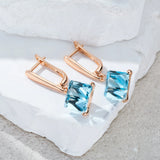 14K Gold Filled Cube Design Blue AAA Zircon Crystals Drop Earrings Luxury Jewellery