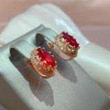 14 Karat Rolled Gold Red Green Horse Eye AAA Zircon Crystal Vintage Earrings For Women