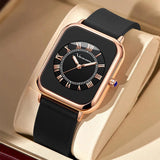 New Women's Square Watch - Fashion Silicone Strap Simulated Smart Dial 35mm Black Rose Gold Quartz Movement Watch