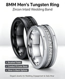 Inlaid Zircon Silver/Black Brushed Finish 8MM Tungsten Steel Wedding Rings