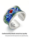 Wide Face Enamel Colourful Lotus Adjustable Open Style Retro Ethnic Handmade Ring