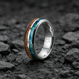 Inlaid Whiskey Barrel Wood and Blue-Green Opal 6/8MM Men Women Tungsten Rings
