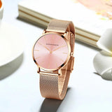 New Simple Elegant Rose Gold Tone Stainless Steel Women Bracelet Watch - Quartz Movement Steel Mesh Watches