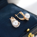14 Karat Rolled Gold Unique Geometric Pearl and AAA Zircon Diamonds Luxury Earrings