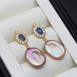Genuine Big Baroque White Pearl AAA Zircon Diamonds Gold Plated Earrings