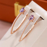 Terrific Oval Rolled 14K Rose Gold Purple AAA Zircon Crystals Personality Long Dangle Earrings - Fashion Jewellery