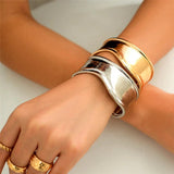 New Boho Glossy Metal Wide Cuff Open Arm Punk Gold Colour Charm Bangle Bracelets for Women