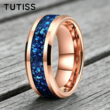 Blue Glass Stone Inlay Beveled Edge Polished 6/8mm Tungsten Carbide Rings
