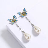 Fashion Long Butterfly Pearl Exquisite Handmade Enamel Earrings for Women