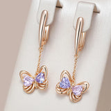 14 Karat Gold Filled Pink Purple AAA Zircon Diamonds Butterfly Shape Long Drop Earrings