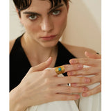 18K Gold Plated Vintage Red Blue Natural Stone Stainless Steel Open Fashion Ring