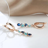 New Fashion 14K Rolled Rose Gold Luxury Blue AAA Zircon Crystals Leaf Long Dangle Earrings - Fine  Jewellery