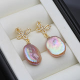 Beautiful Real Big Natural Baroque Pearl AAA Zircon Diamonds Drop Earrings