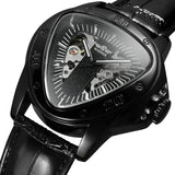 New Arrival Top Brand Hollow Bar Scale Mechanical Triangle Design Black Leather Strap Mechanical Watches for Men