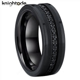 Inlaid Zircon Silver/Black Brushed Finish 8MM Tungsten Steel Wedding Rings